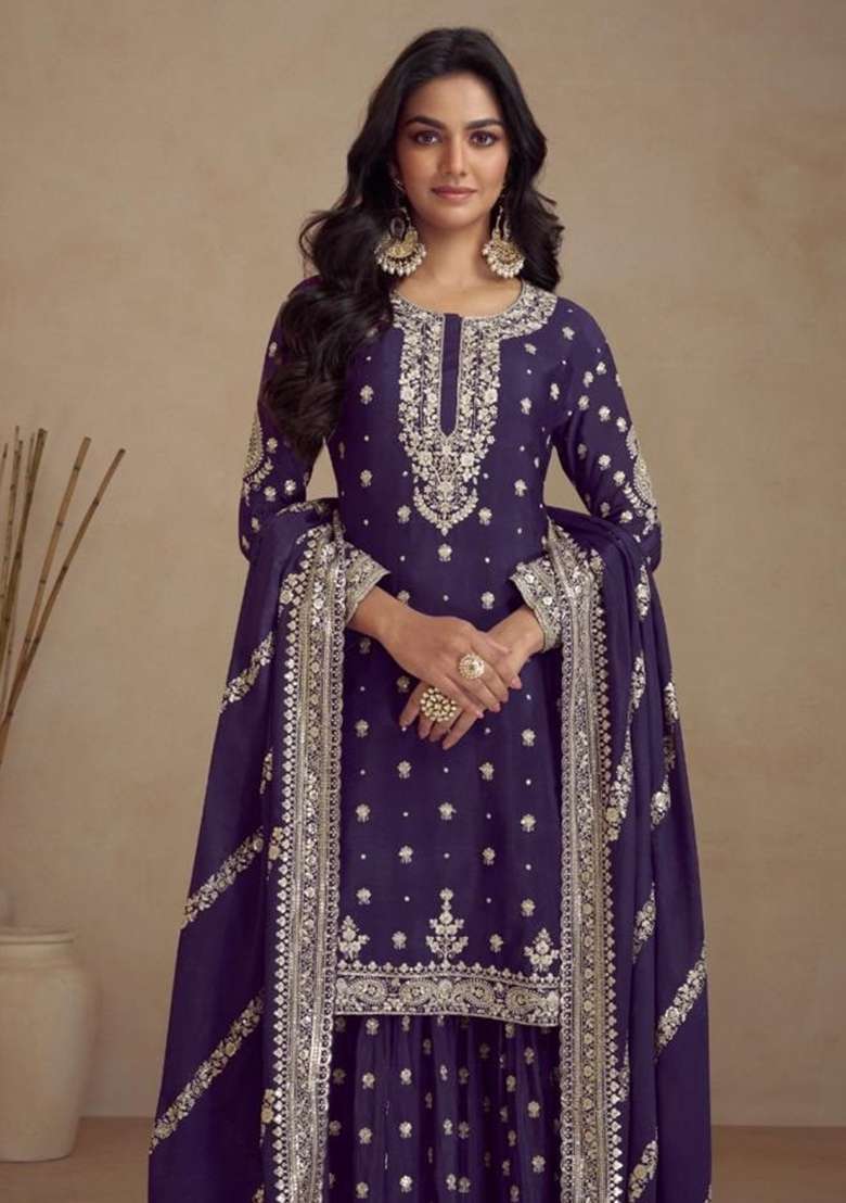 Purple Embroidered Silk Sharara Set - Indya