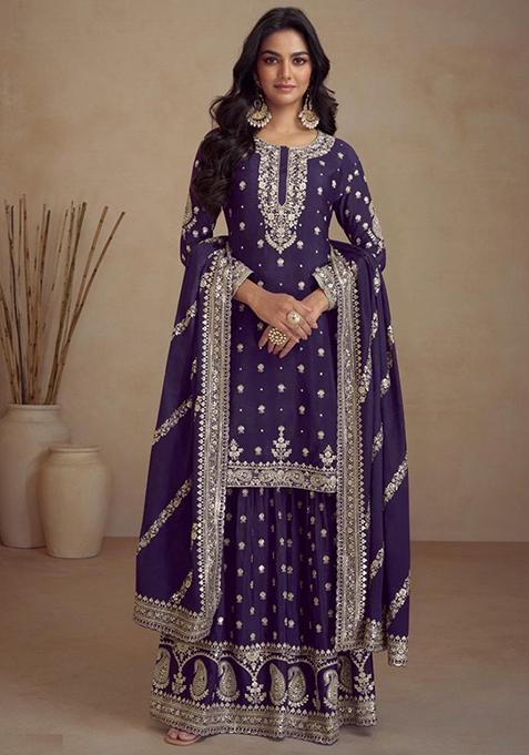 Purple Embroidery With Sequence Work Silk Sharara Set