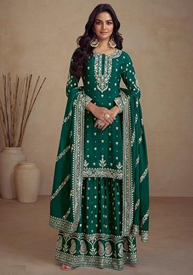 Green Embroidery With Sequence Work Silk Sharara Set