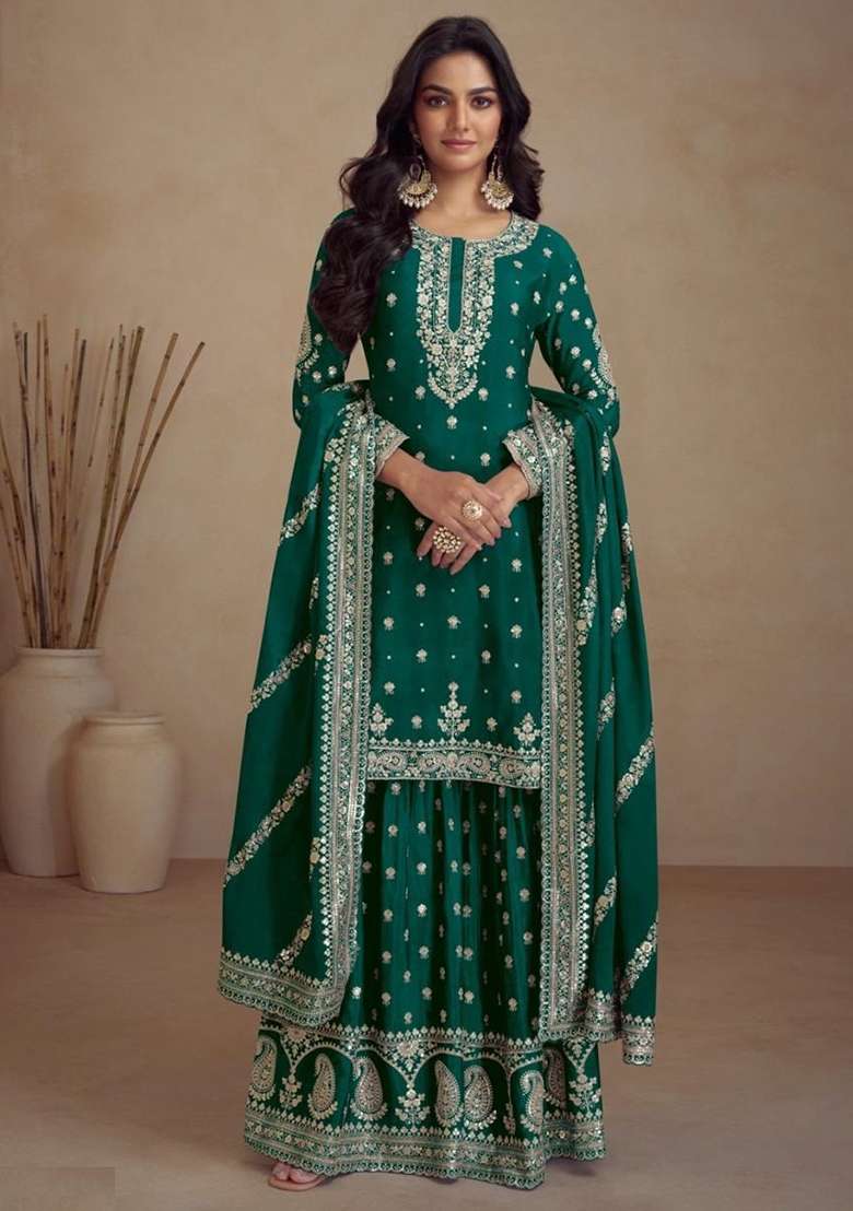 Green Embroidered Silk Sharara Set - Indya