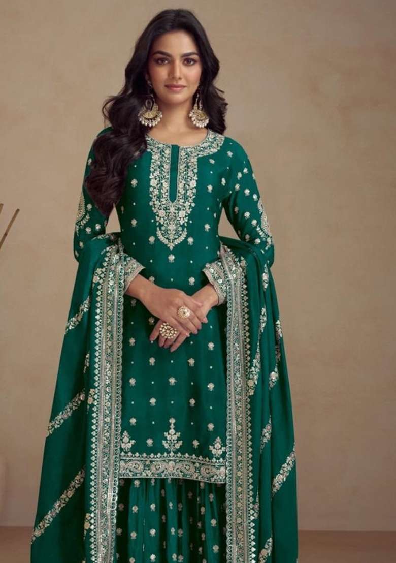 Green Embroidered Silk Sharara Set - Indya