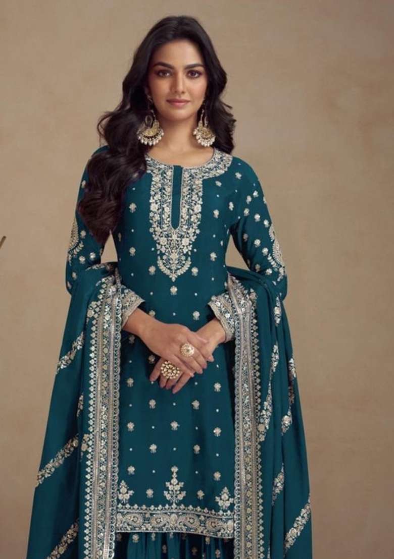 Rama Blue Embroidered Silk Sharara Set - Indya