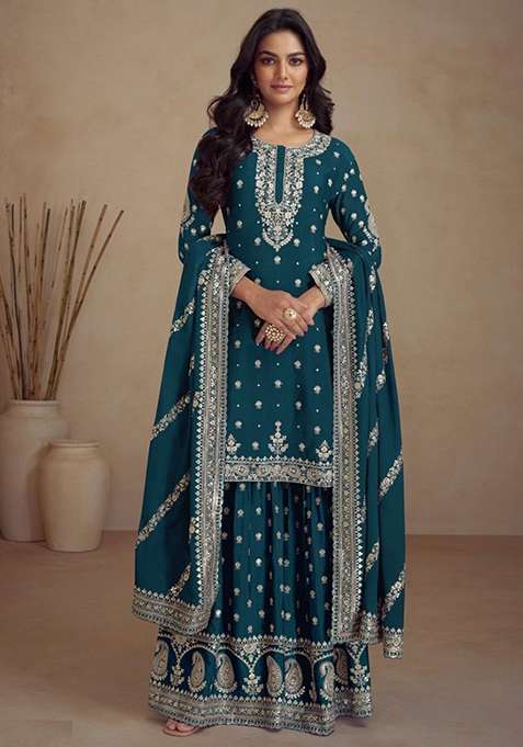 Rama Blue Embroidered Silk Sharara Set