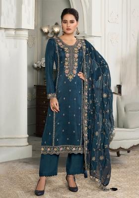 Blue Embroidery Work Silk Salwar Kameez With Dupatta