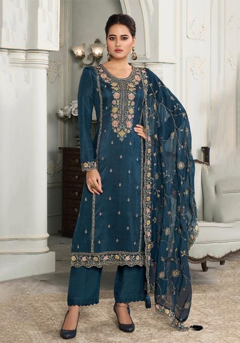 Blue Embroidery Work Silk Salwar Kameez With Dupatta