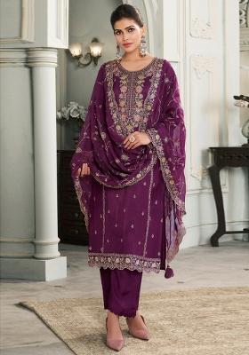 Magenta Embroidery Work Silk Salwar Kameez With Dupatta