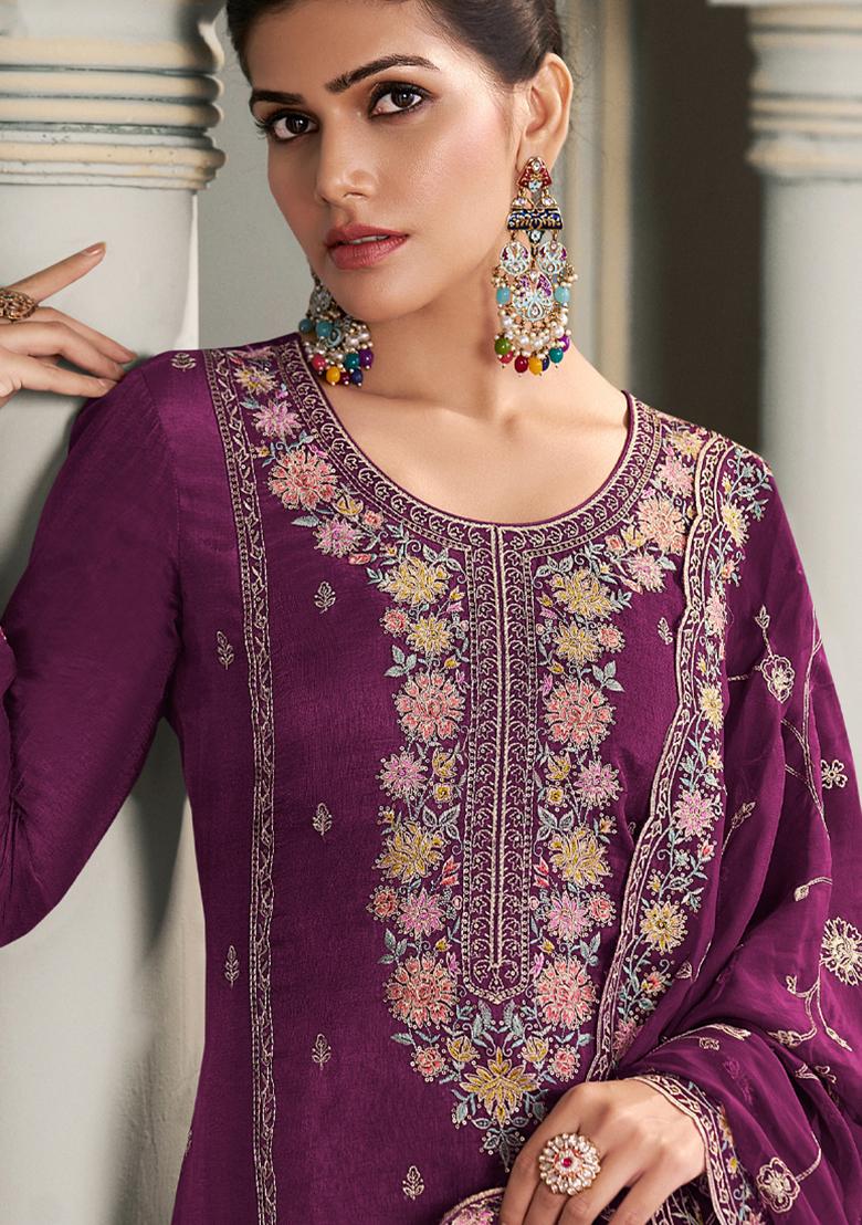 Magenta Embroidery Work Silk Salwar Kameez With Dupatta - Indya