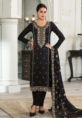 Black Embroidery Work Silk Salwar Kameez With Dupatta