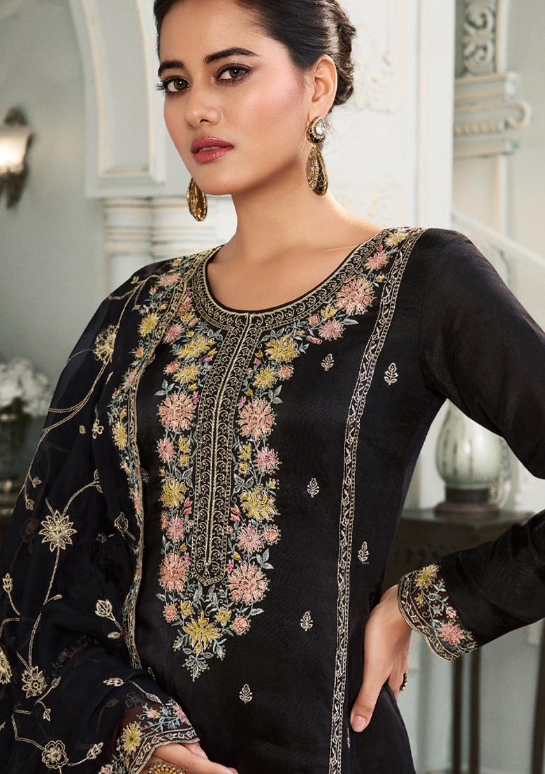 Black Embroidery Work Silk Salwar Kameez With Dupatta - Indya