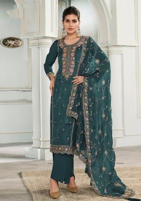 Teal Embroidery Work Silk Salwar Kameez With Dupatta