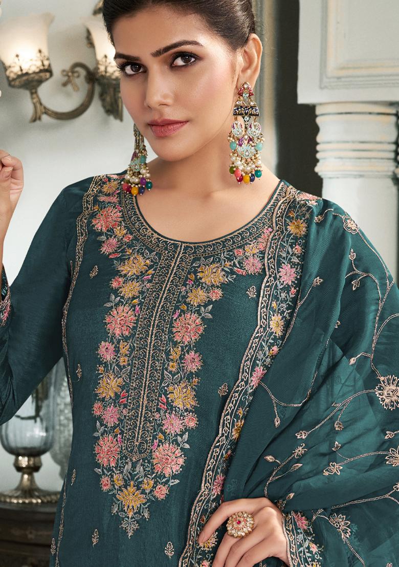 Teal Embroidery Work Silk Salwar Kameez With Dupatta - Indya