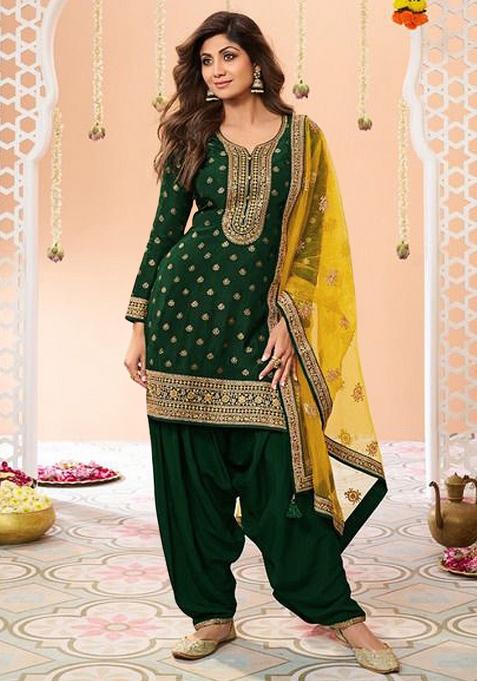 Green Embroidery Work Silk Salwar Kameez With Dupatta