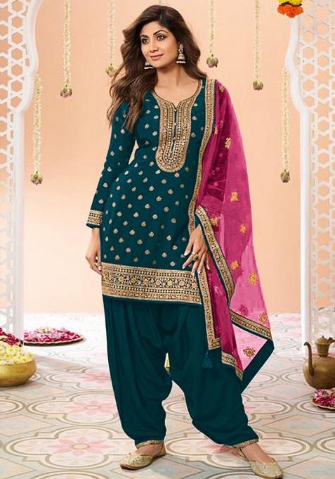 Teal Embroidery Work Silk Salwar Kameez With Dupatta