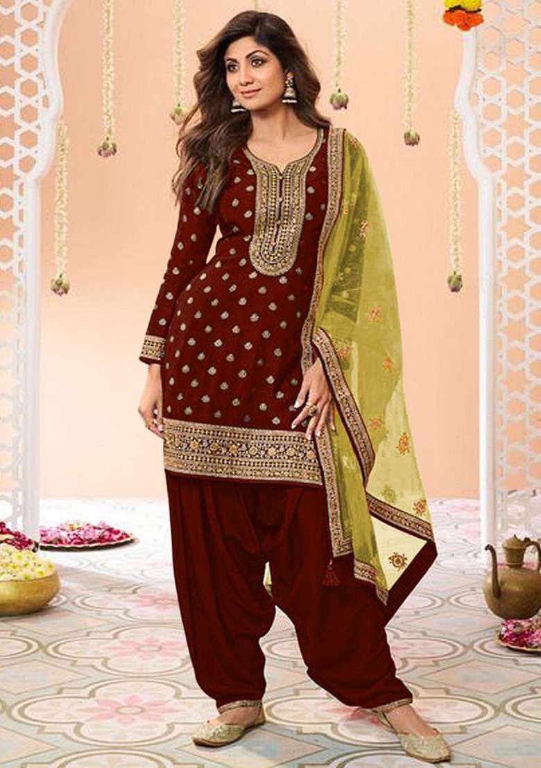 Maroon Embroidery Work Silk Salwar Kameez With Dupatta - Indya