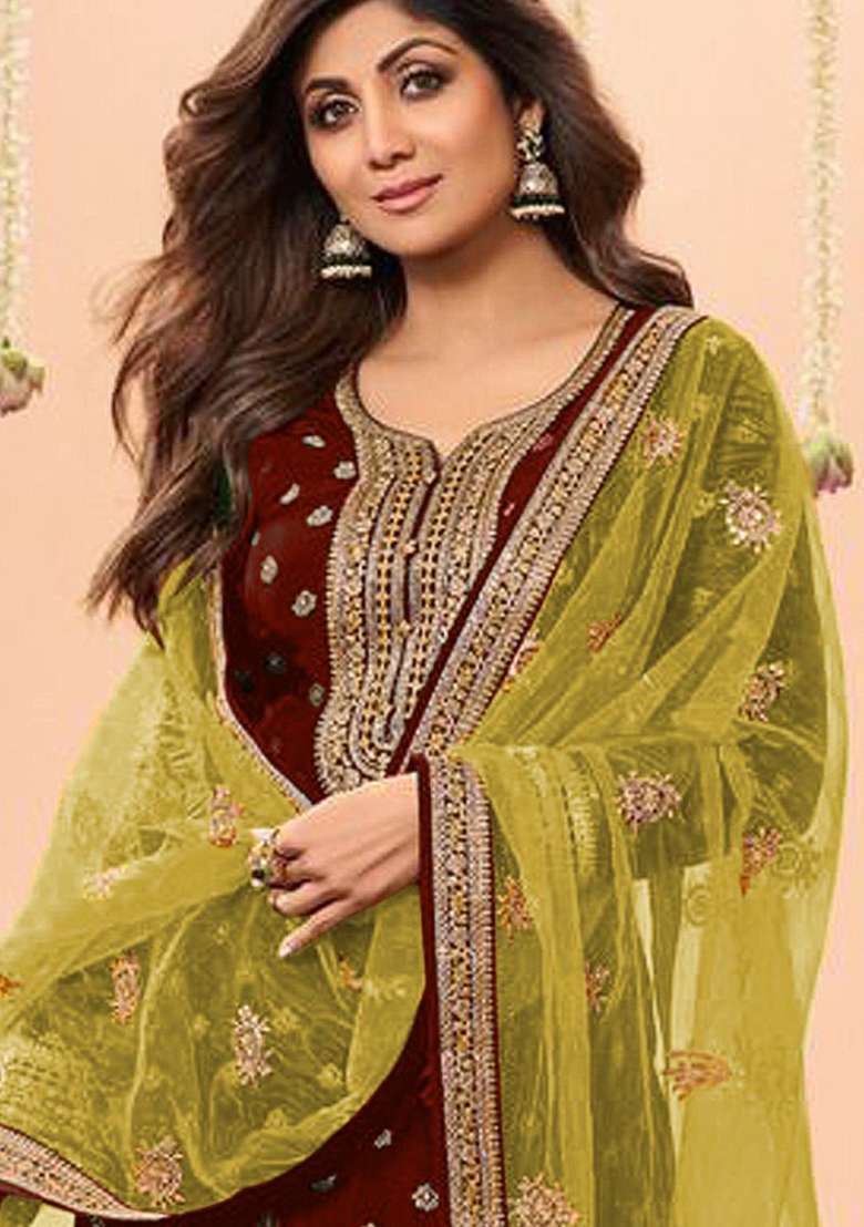 Maroon Embroidery Work Silk Salwar Kameez With Dupatta - Indya