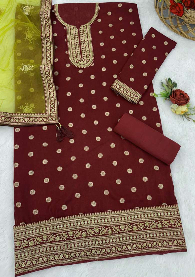 Maroon Embroidery Work Silk Salwar Kameez With Dupatta - Indya