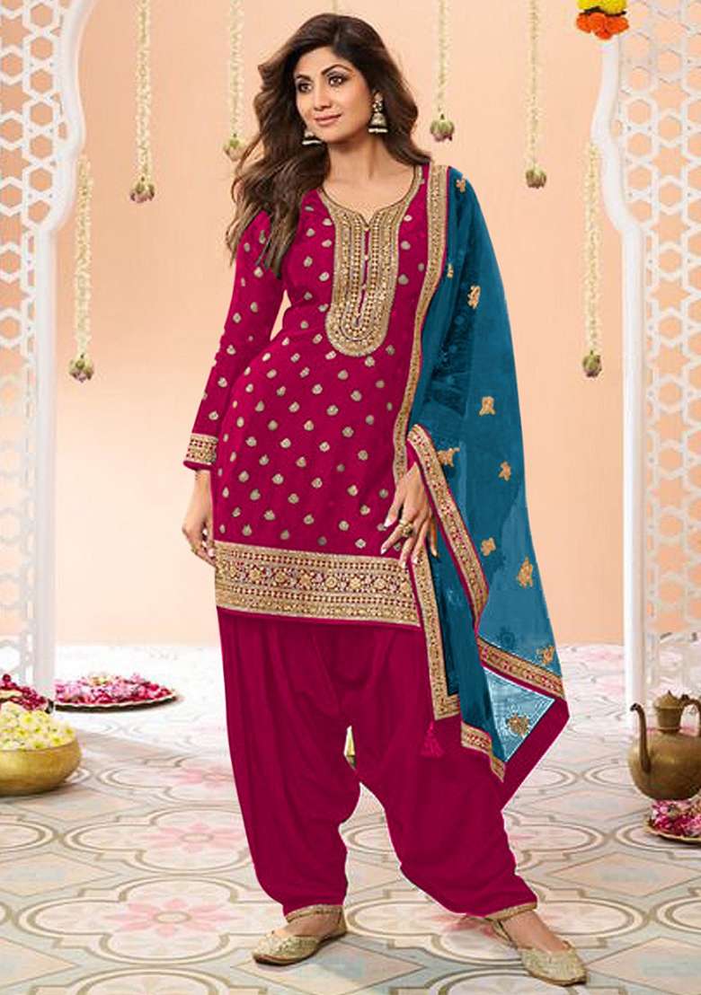 Red Embroidery Work Silk Salwar Kameez With Dupatta - Indya