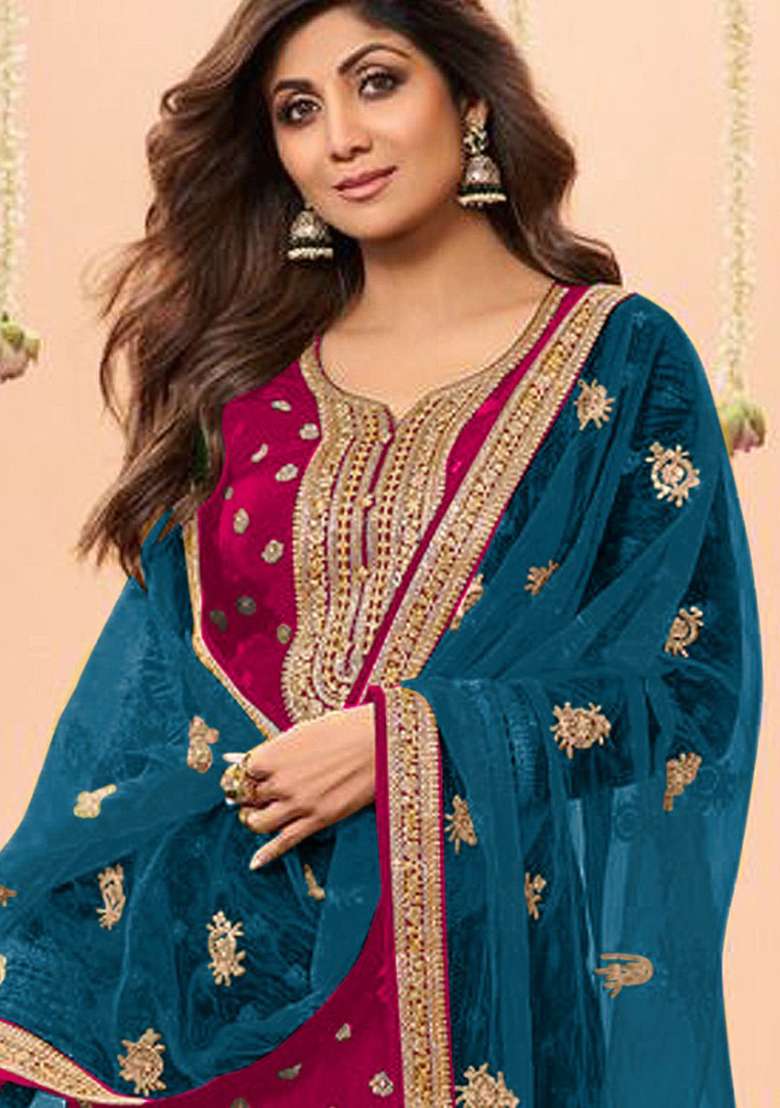 Red Embroidery Work Silk Salwar Kameez With Dupatta - Indya