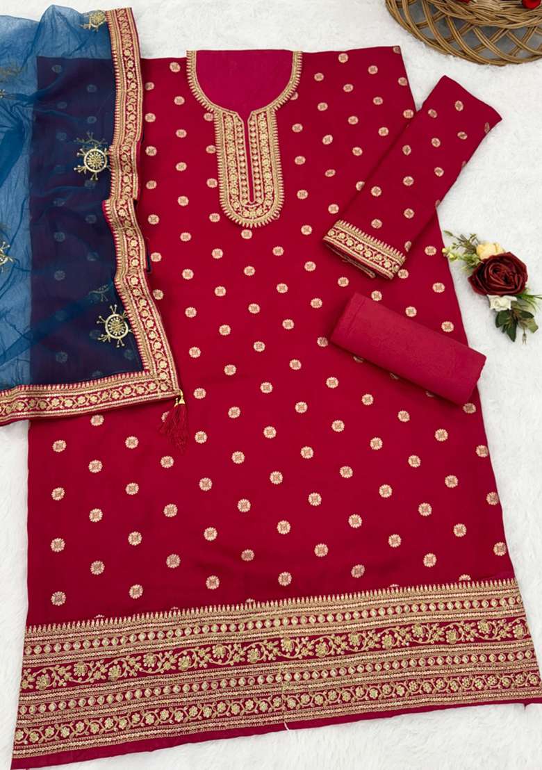 Red Embroidery Work Silk Salwar Kameez With Dupatta - Indya