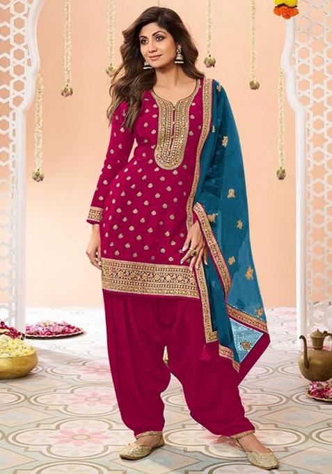Red Embroidery Work Silk Salwar Kameez With Dupatta