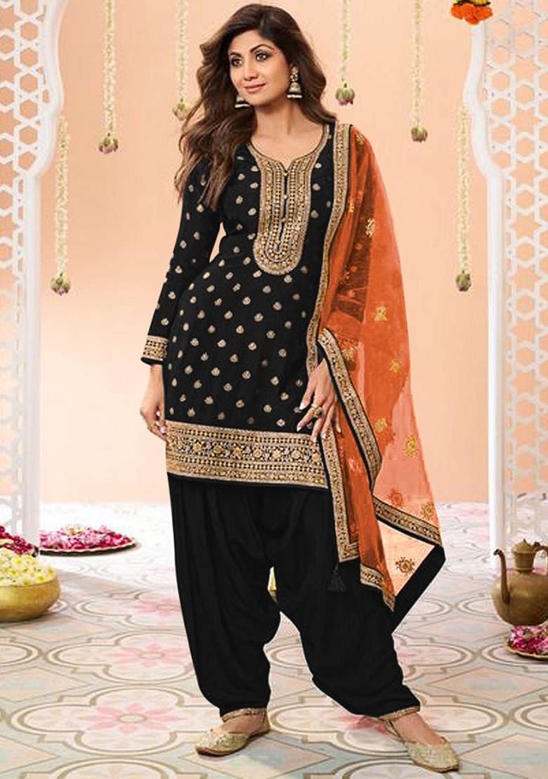 Black Embroidery Work Silk Salwar Kameez With Dupatta - Indya