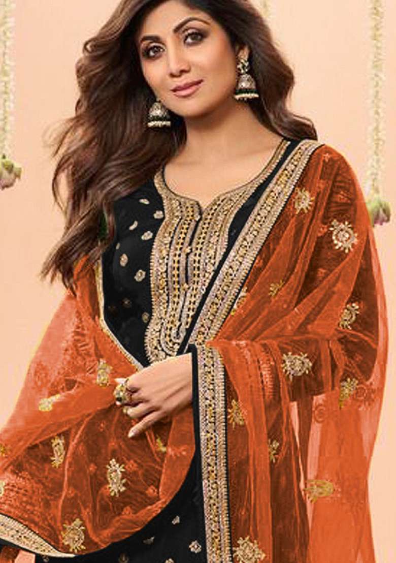 Black Embroidery Work Silk Salwar Kameez With Dupatta - Indya