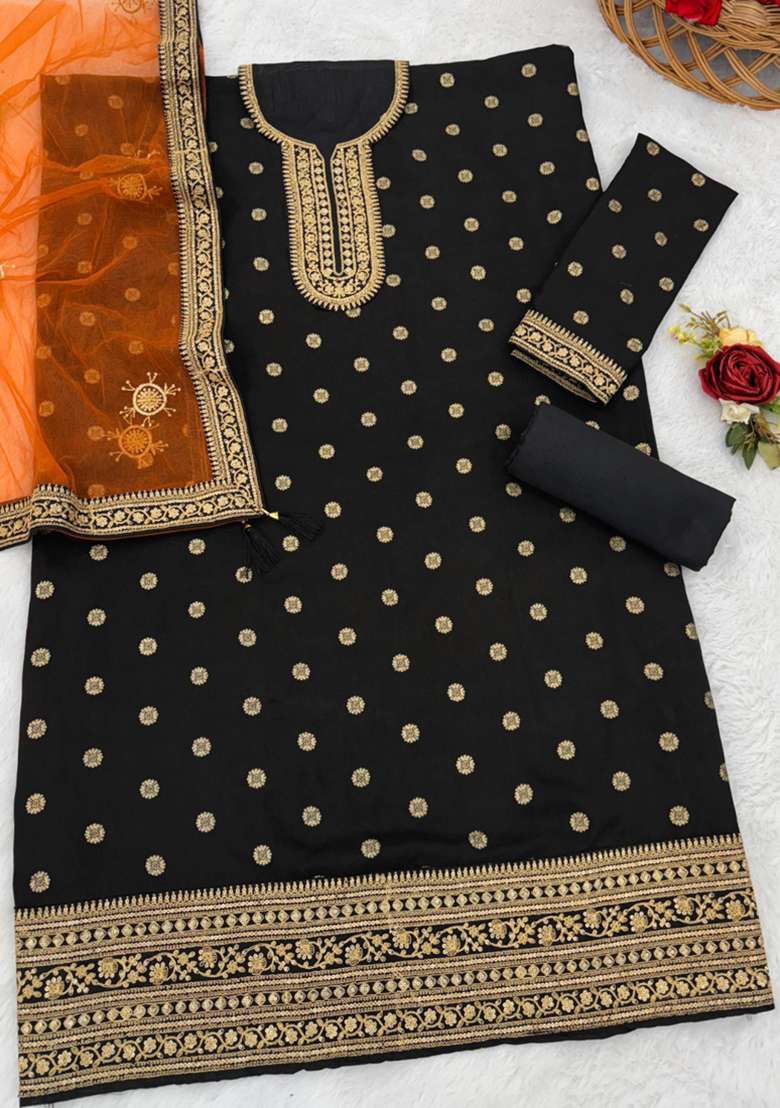 Black Embroidery Work Silk Salwar Kameez With Dupatta - Indya