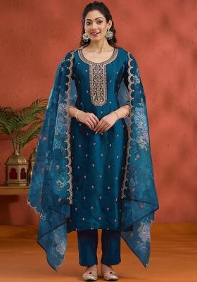 Blue Embroidery Work Silk Salwar Kameez With Dupatta