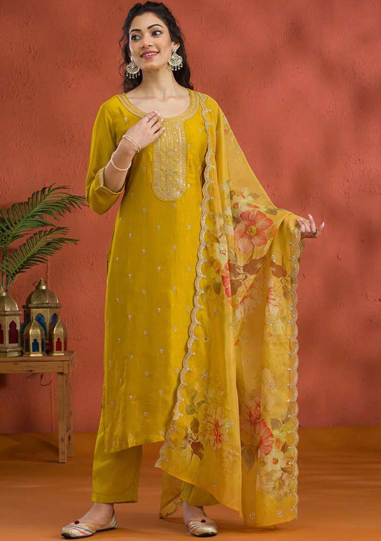 Yellow Embroidery Work Silk Salwar Kameez With Dupatta - Indya