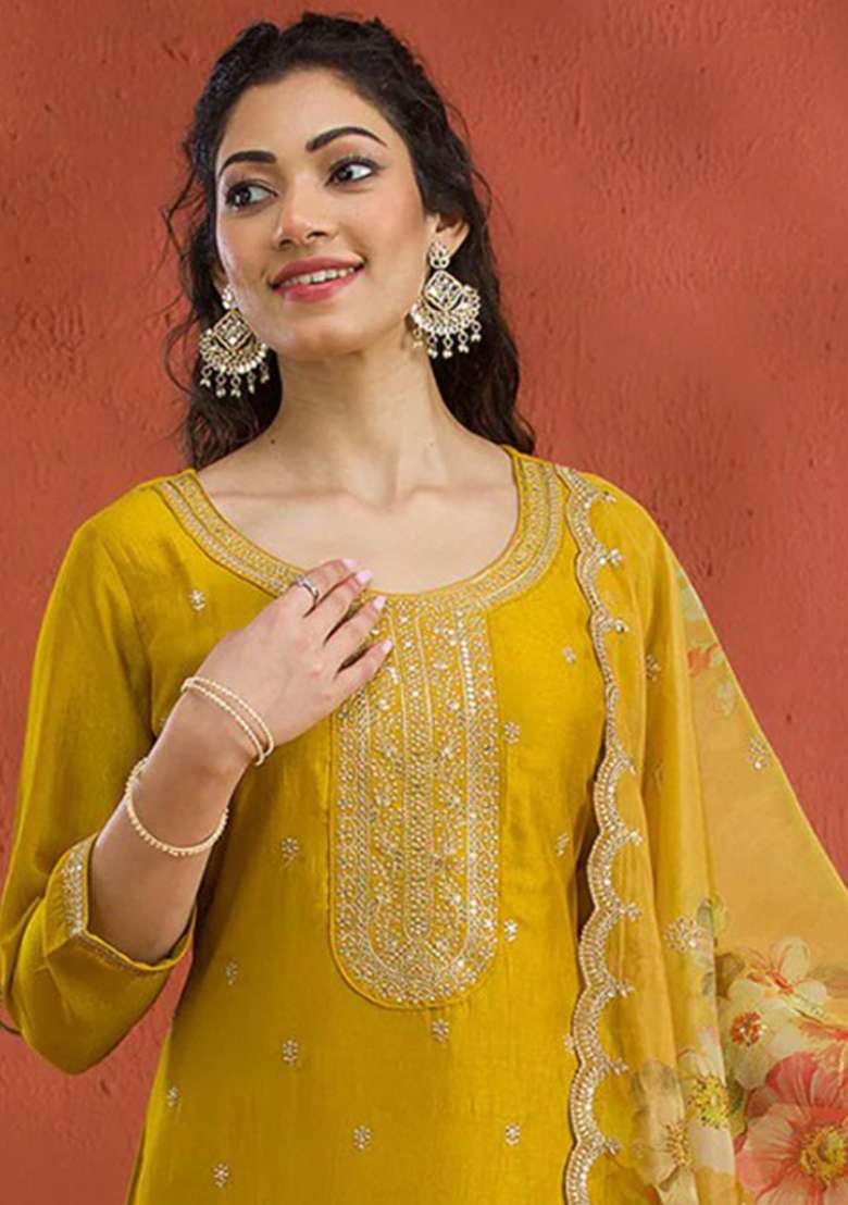 Yellow Embroidery Work Silk Salwar Kameez With Dupatta - Indya