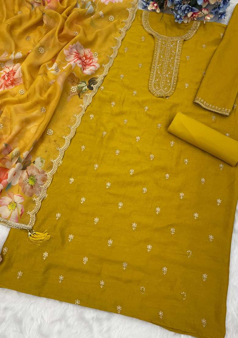 Yellow Embroidery Work Silk Salwar Kameez With Dupatta - Indya