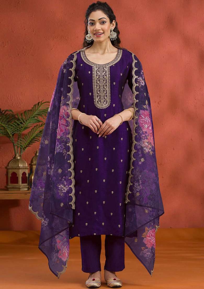 Purple Embroidery Work Silk Salwar Kameez With Dupatta - Indya