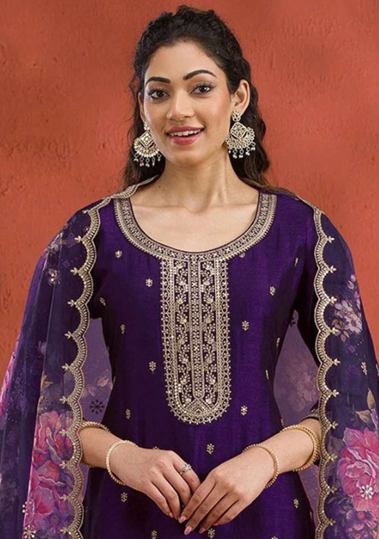 Purple Embroidery Work Silk Salwar Kameez With Dupatta - Indya