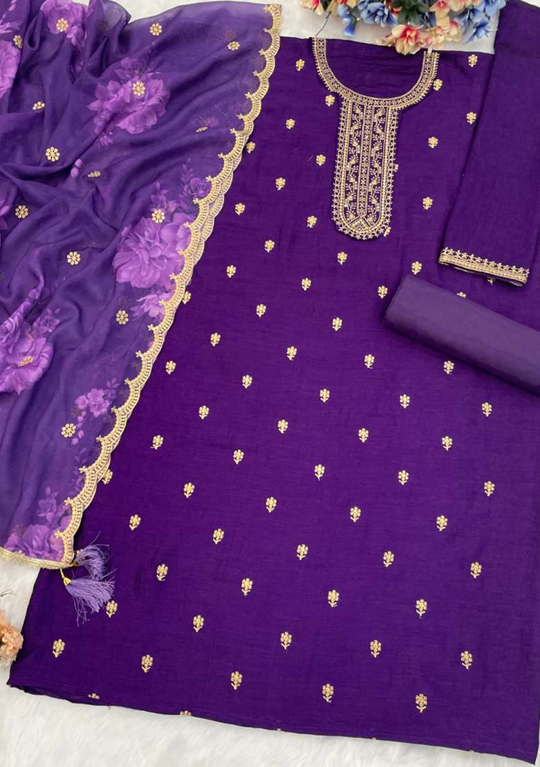 Purple Embroidery Work Silk Salwar Kameez With Dupatta - Indya