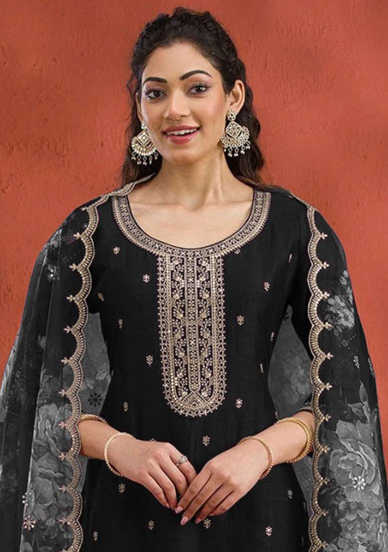 Black Embroidery Work Silk Salwar Kameez With Dupatta - Indya