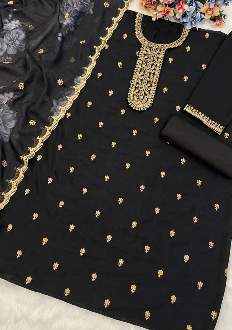 Black Embroidery Work Silk Salwar Kameez With Dupatta - Indya