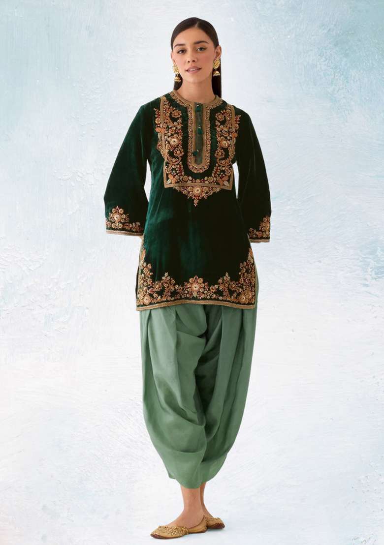 Green Embroidery Work Velvet Salwar Kameez With Dupatta - Indya