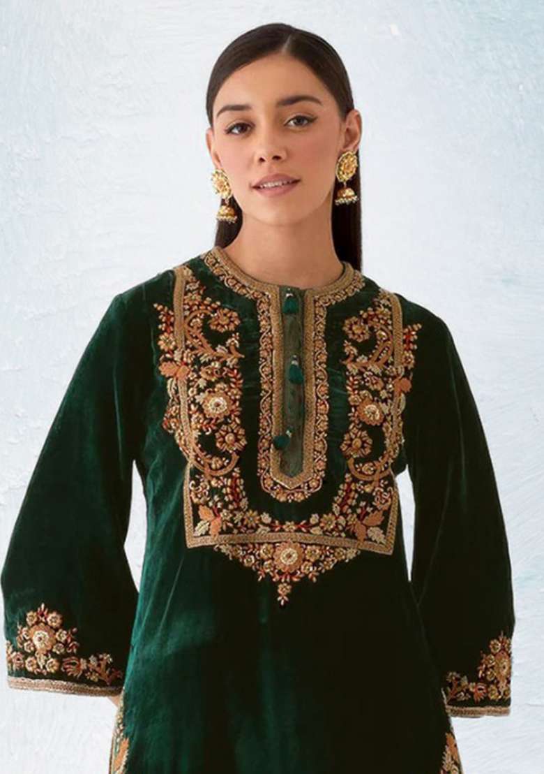 Green Embroidery Work Velvet Salwar Kameez With Dupatta - Indya