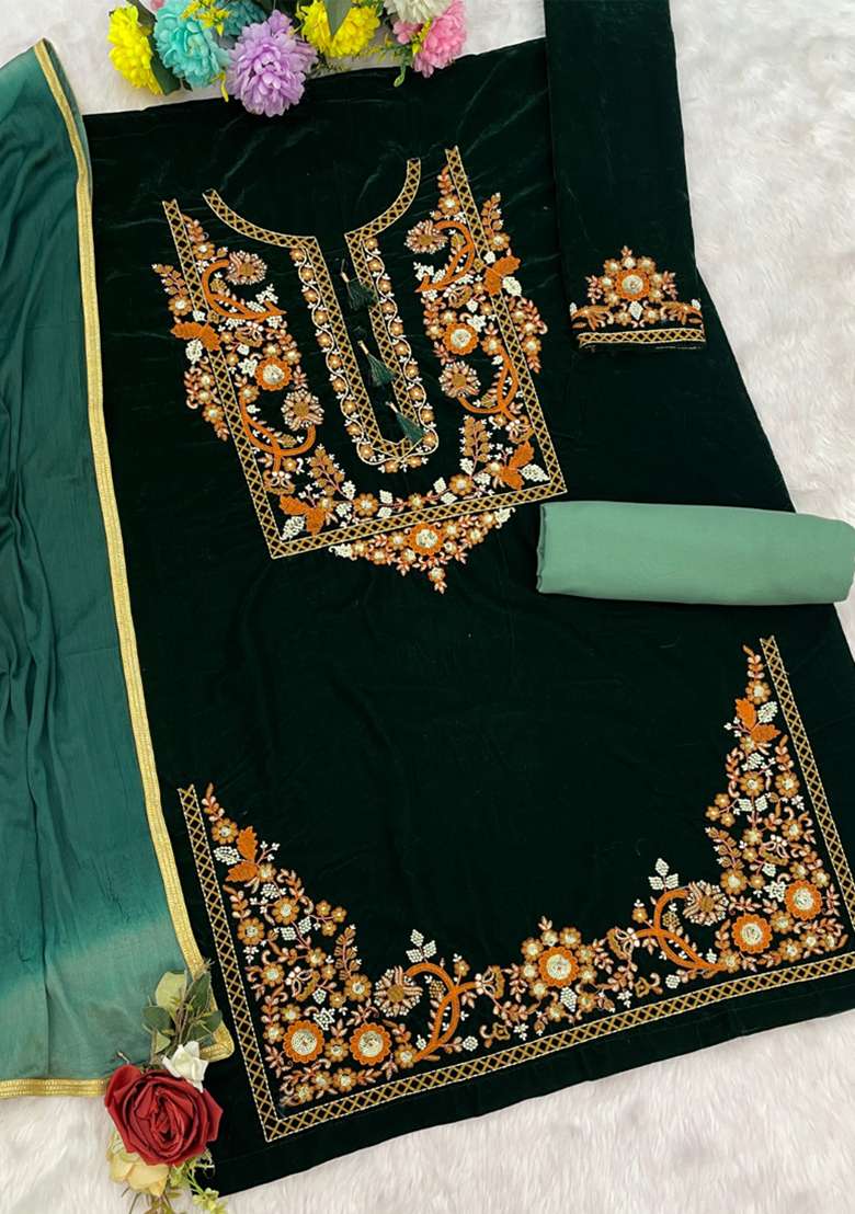 Green Embroidery Work Velvet Salwar Kameez With Dupatta - Indya
