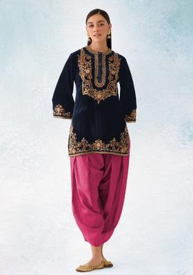 Blue Embroidery Work Velvet Salwar Kameez With Dupatta