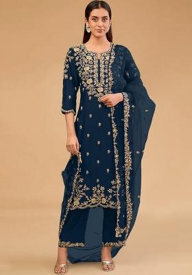 Teal Embroidery Work Silk Salwar Kameez With Dupatta