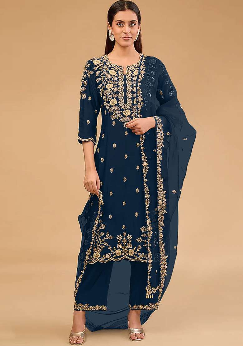 Teal Embroidery Work Silk Salwar Kameez With Dupatta - Indya
