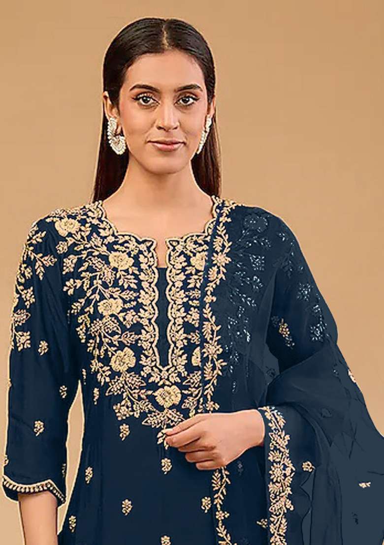 Teal Embroidery Work Silk Salwar Kameez With Dupatta - Indya