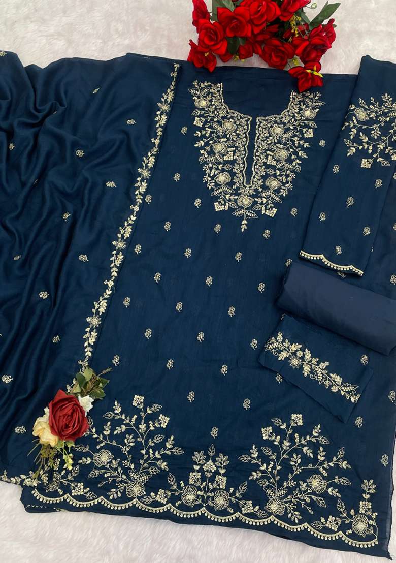 Teal Embroidery Work Silk Salwar Kameez With Dupatta - Indya