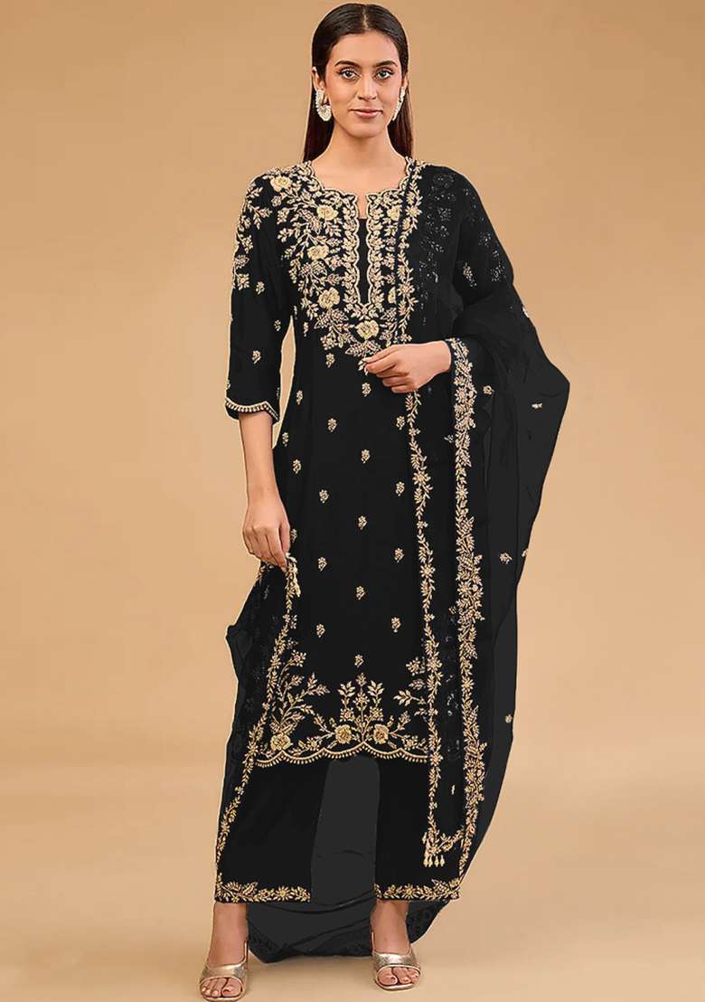 Black Embroidery Work Silk Salwar Kameez With Dupatta - Indya