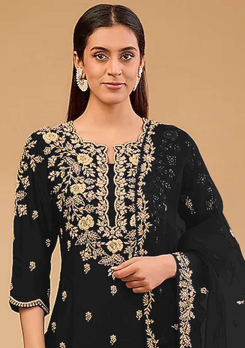 Black Embroidery Work Silk Salwar Kameez With Dupatta - Indya