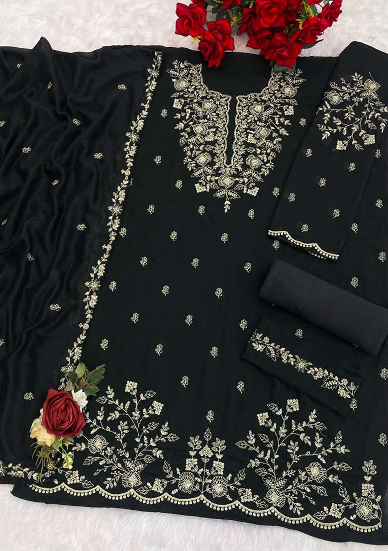 Black Embroidery Work Silk Salwar Kameez With Dupatta - Indya