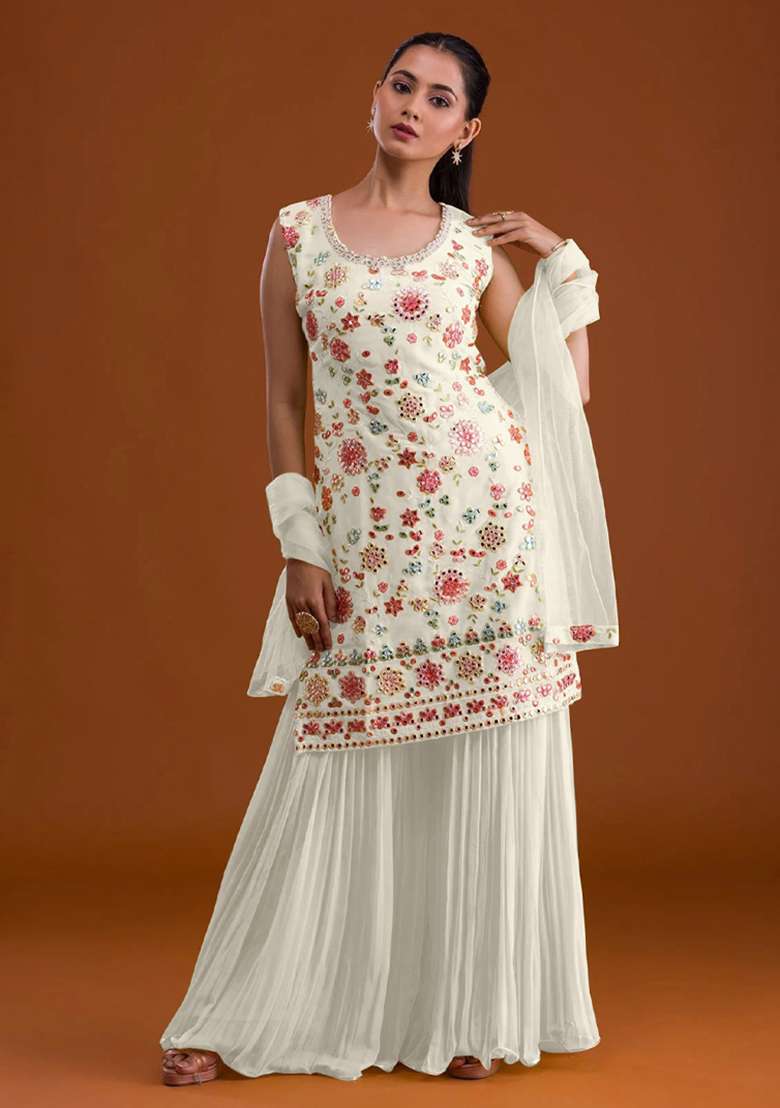 White Embroidery Work Georgette Salwar Kameez With Dupatta - Indya