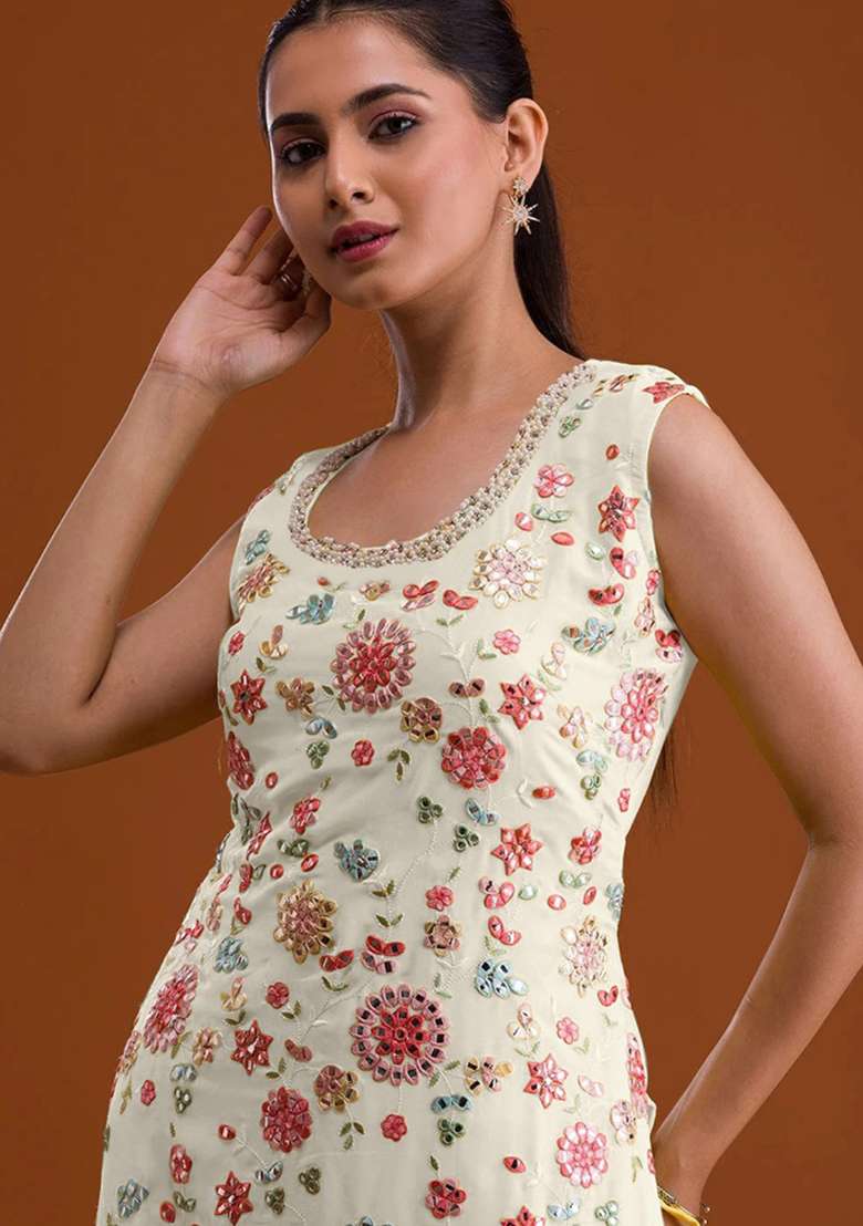 White Embroidery Work Georgette Salwar Kameez With Dupatta - Indya