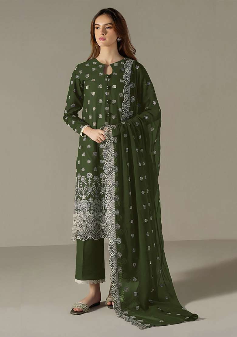 Green Embroidery Work Georgette Salwar Kameez With Dupatta - Indya